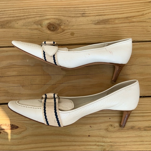 Miu Miu by Prada White Navy Blue Stripe Ribbon Heels Shoes Italy 38.5 Leather - Picture 2 of 14